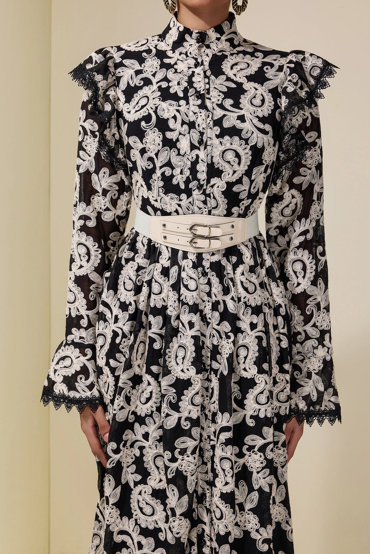 alma Chiffon Embroidered Single Breasted Midi Dress With Belt - black