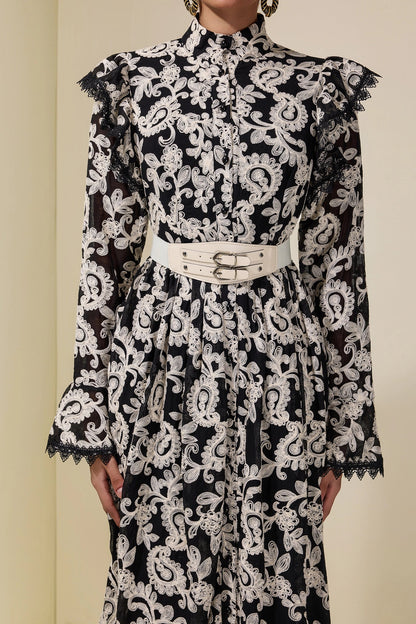 alma Chiffon Embroidered Single Breasted Midi Dress With Belt - black