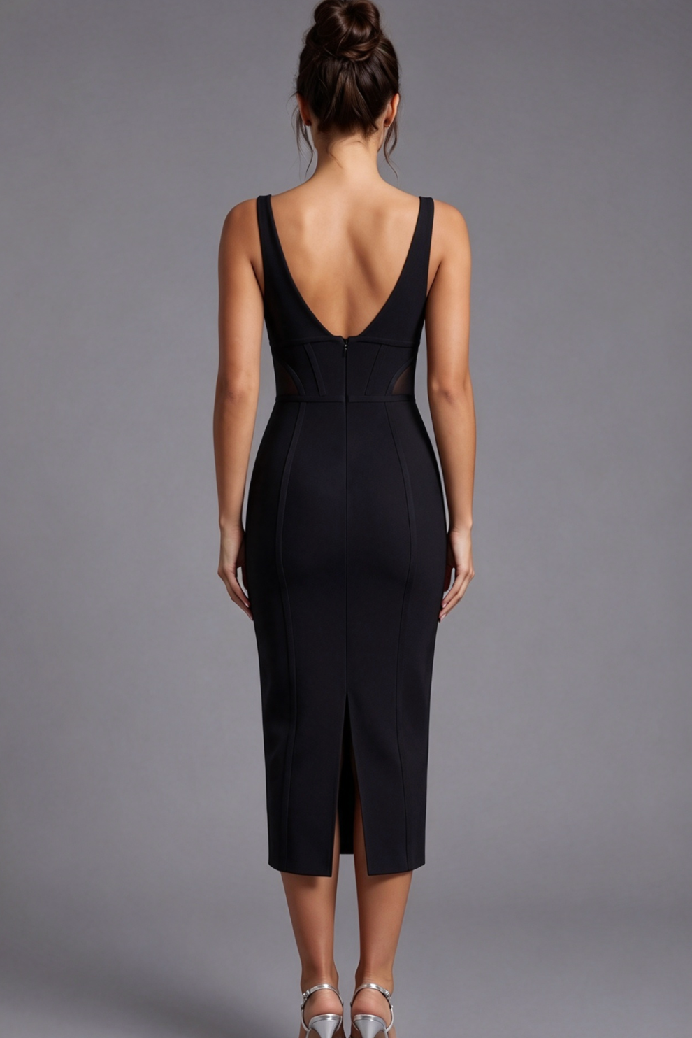 Black Structured Stretch Knit Sheath Midi Dress
