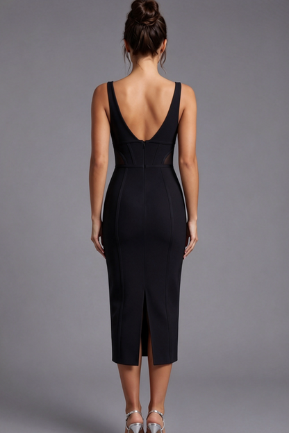 Black Structured Stretch Knit Sheath Midi Dress