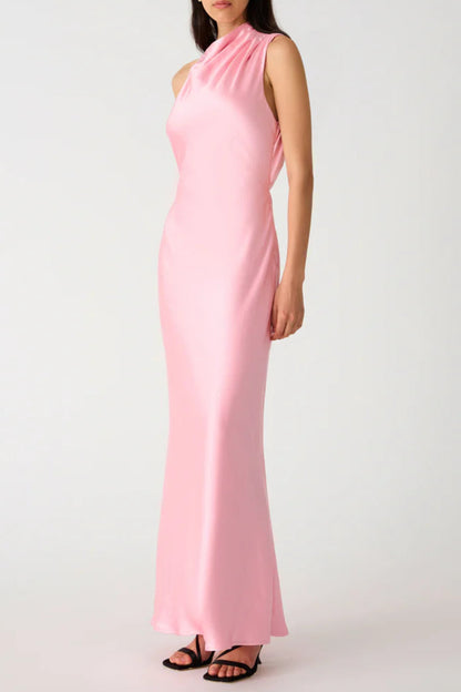 sleeveless backless satin maxi dress in pink