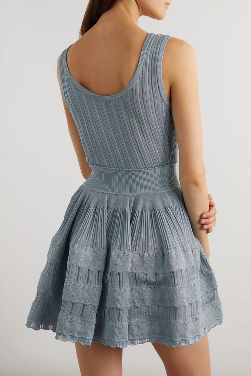 ribbed pointelle knit mini dress in blue