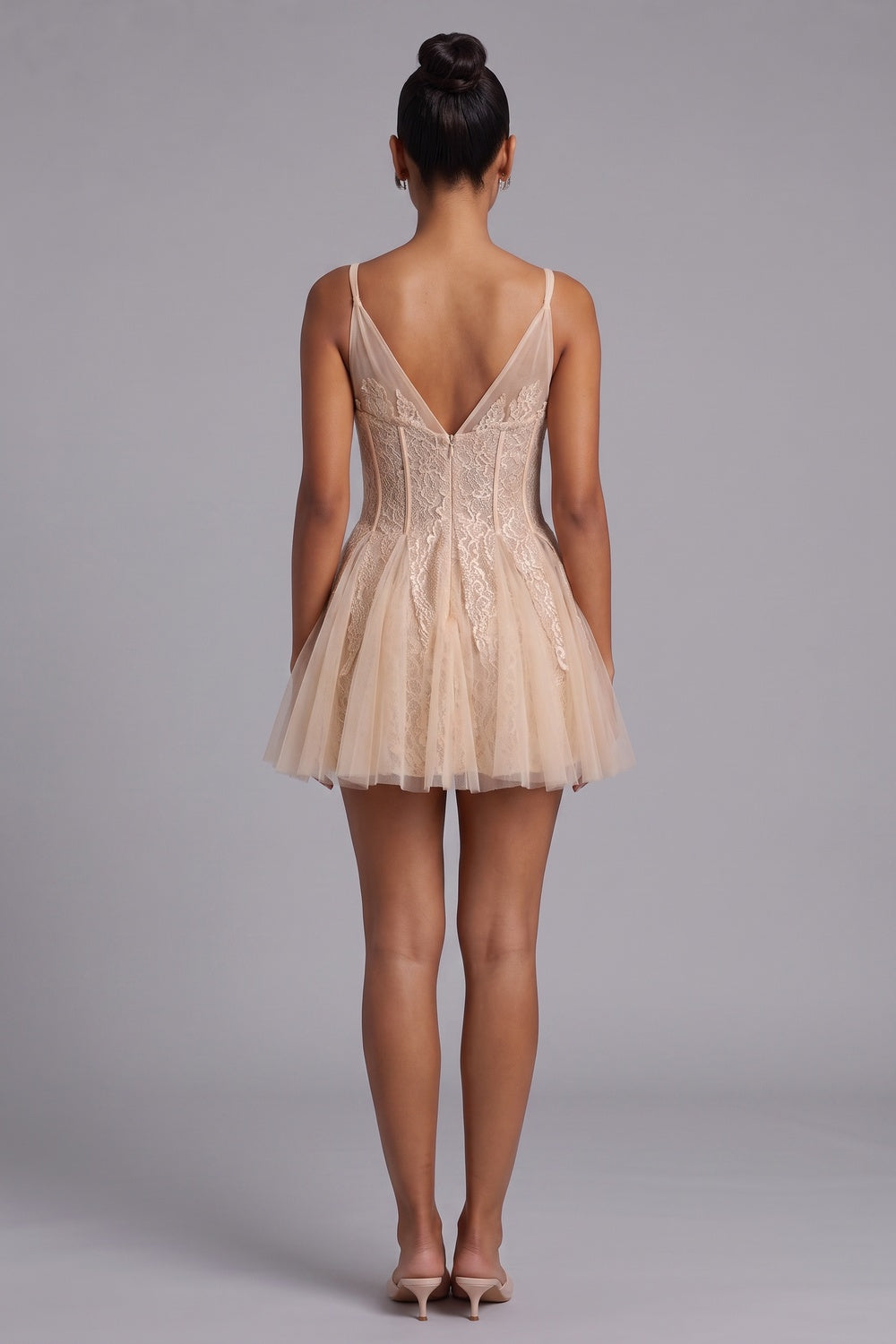 Nude Lace Overlay Mini Dress with Tulle Skirt Premium Fabric - product view 5