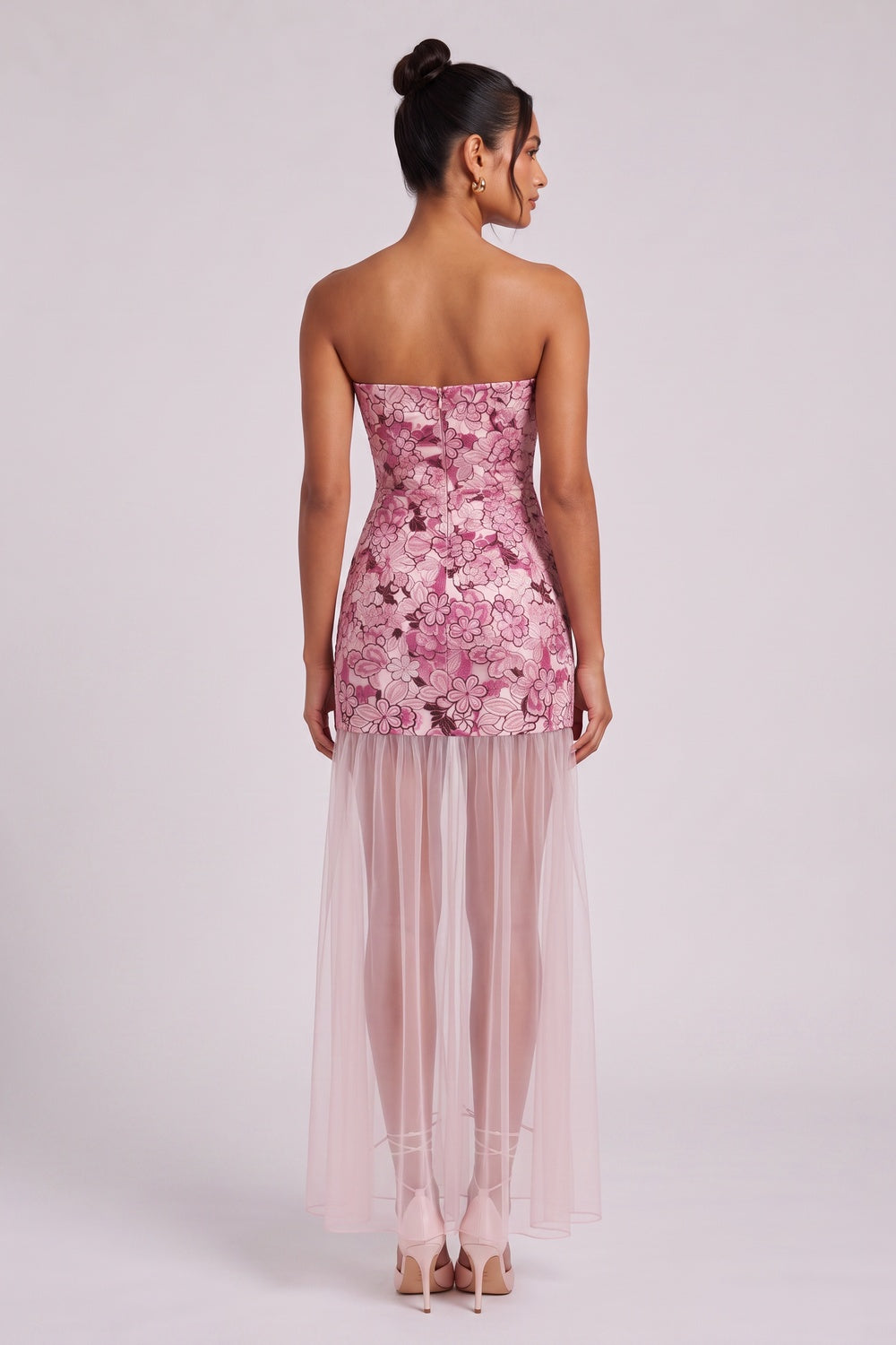 dusty pink embroidered floral lace fitted column mini with sheer maxi overlay dress dusty pink embroidered floral lace dress - product view 5
