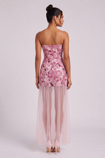 dusty pink embroidered floral lace fitted column mini with sheer maxi overlay dress dusty pink embroidered floral lace dress - product view 5