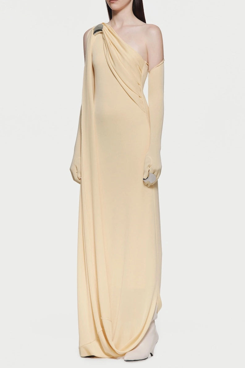 xaviera one-shoulder pleated backless maxi dress in yellow