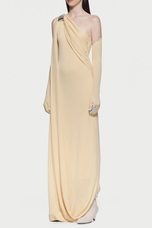 xaviera one-shoulder pleated backless maxi dress in yellow