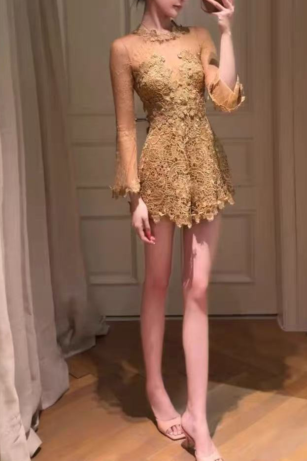 Sheer Lace Long Sleeve Skort Romper