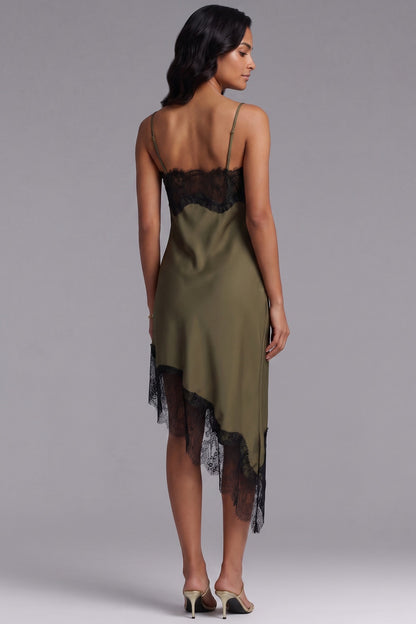 Olive Green Satin Asymmetrical Slip Dress with Black Lace Trim olive green satin dress - product view 5