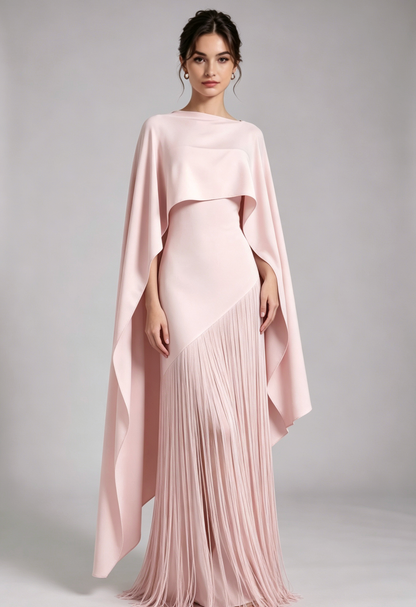 Pale Pink Heavy Matte Crepe Column with Asymmetrical Cape Overlay Evening Gown