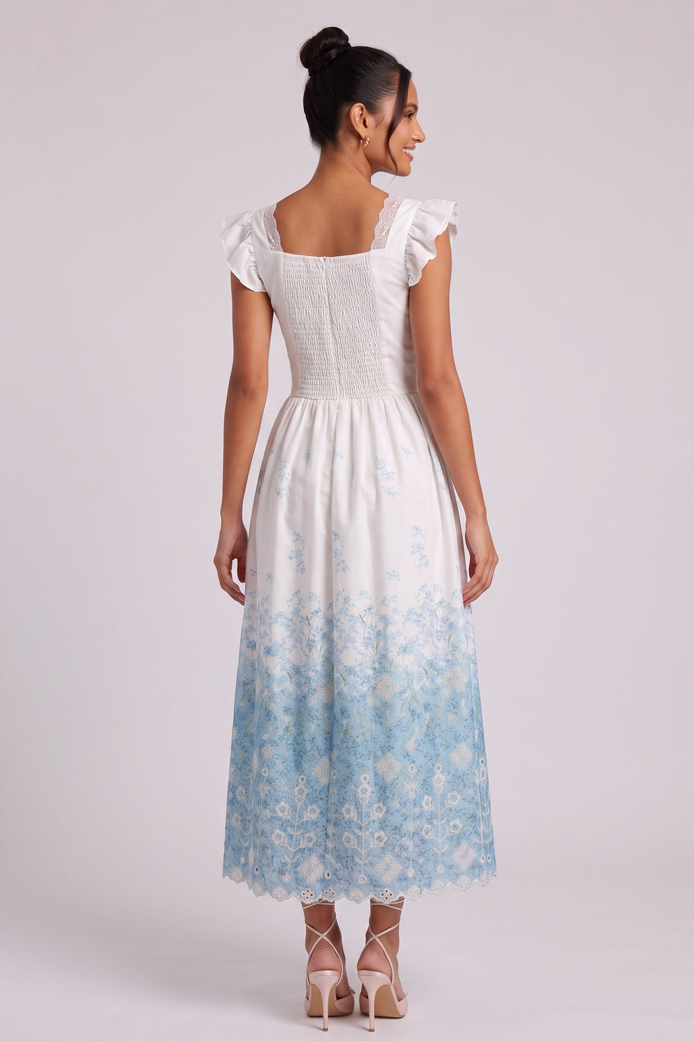 White Cotton Woven Fit-and-Flare Midi Dress with Gradient Floral and Eyelet white cotton woven dress - product view 4