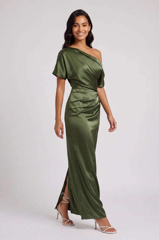 olive green satin column dress olive green satin dress - product view 1