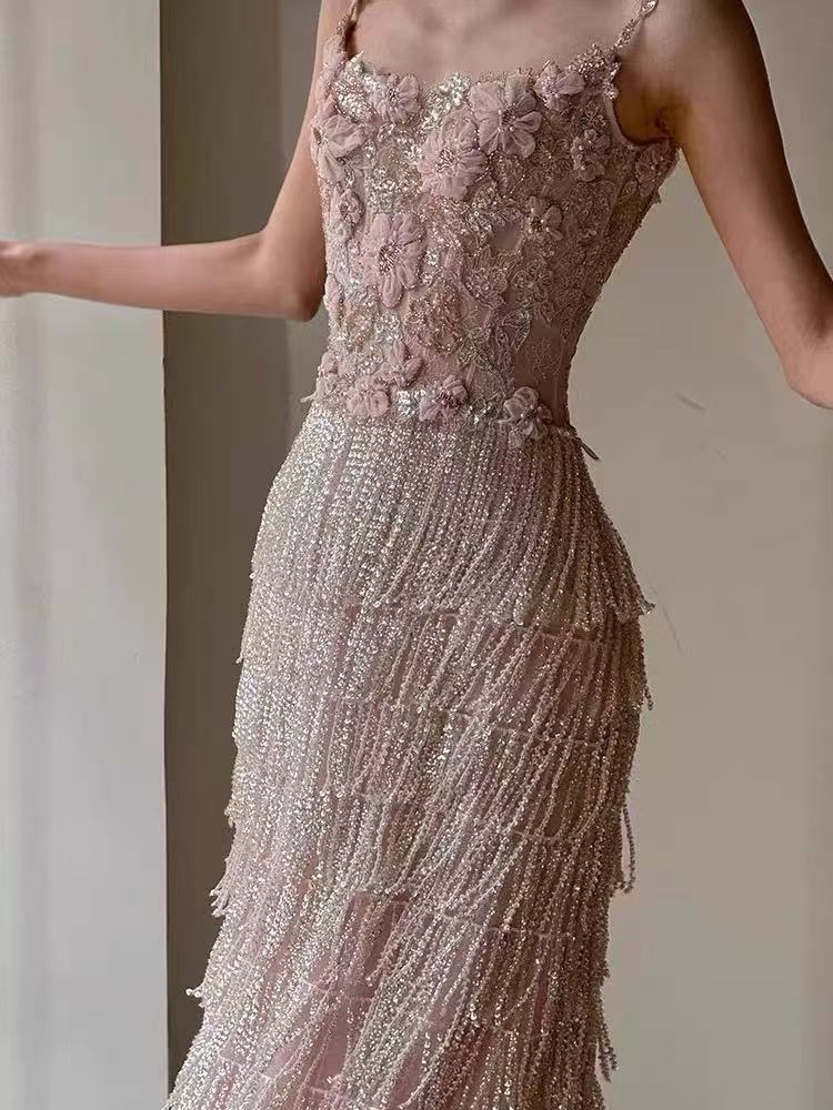 Opala Sleeveless Flowers Diamond Tassels Maxi Dress