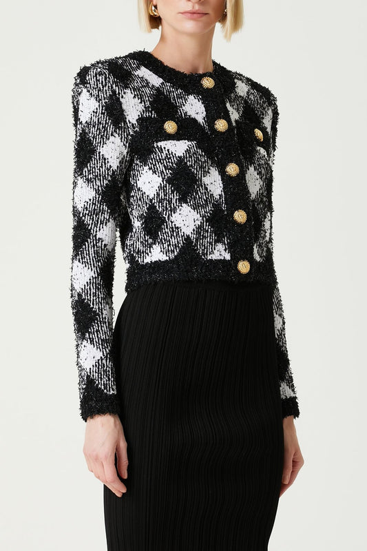 Black White Gingham Tweed Cardigan