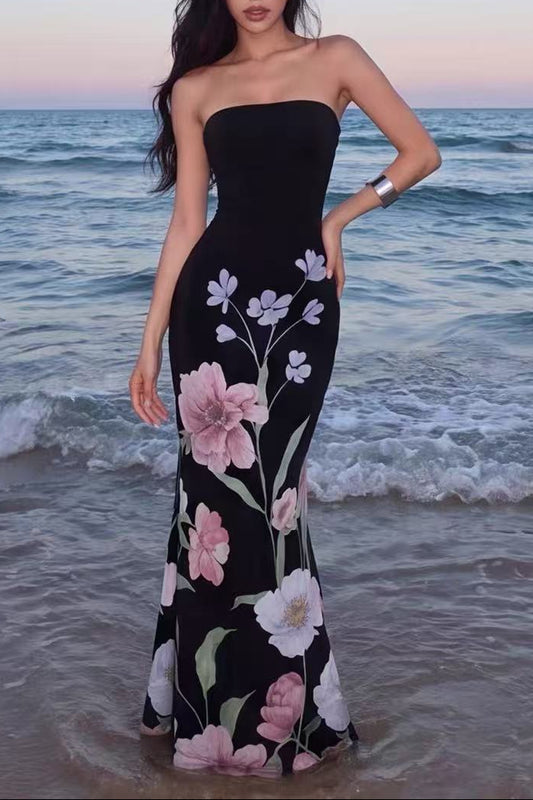 Black Floral Print Strapless Mermaid Maxi Dress