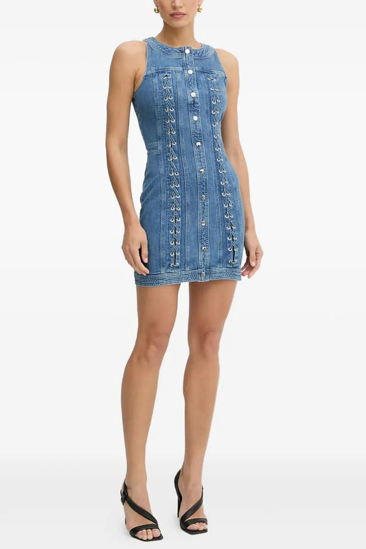 selena buttoned lace-up sleeveless mini dress in navy blue