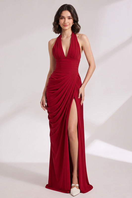 Deep Red Jersey Blend Column with Draped Overlay Gown deep red jersey blend gown - product view 1