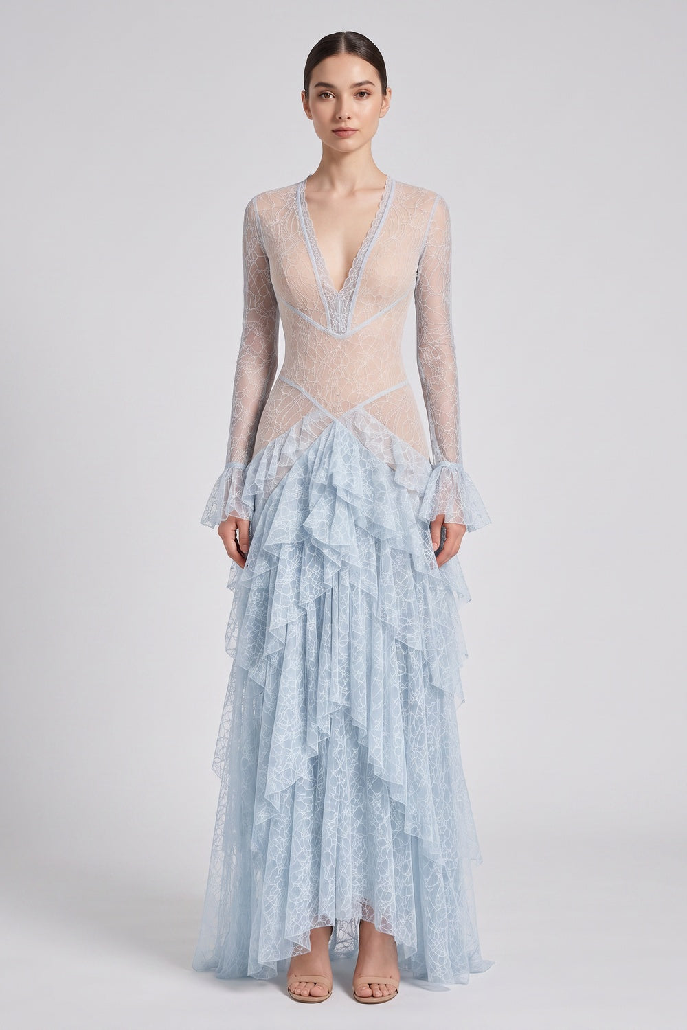 Light Blue Floral Lace Tiered A-Line Gown light blue floral lace gown - product view 1