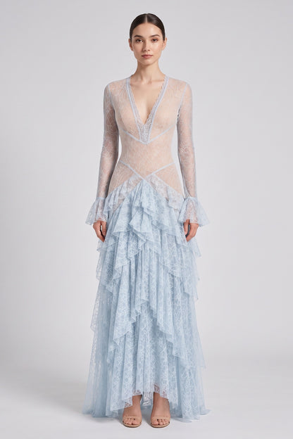 Light Blue Floral Lace Tiered A-Line Gown light blue floral lace gown - product view 1