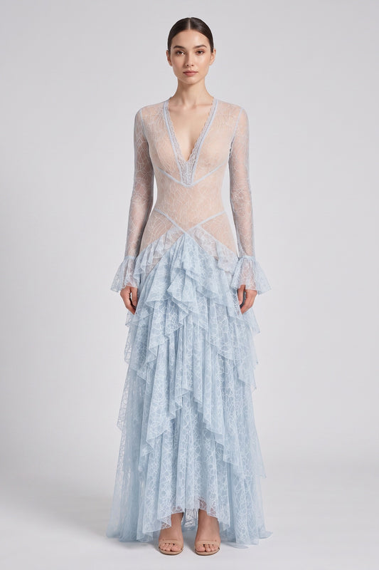 Light Blue Floral Lace Tiered A-Line Gown light blue floral lace gown - product view 1