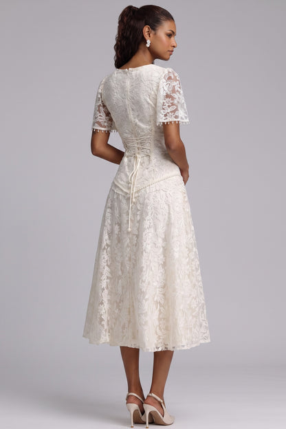 Ivory Floral Lace A-line Dress ivory floral lace dress - product view 3