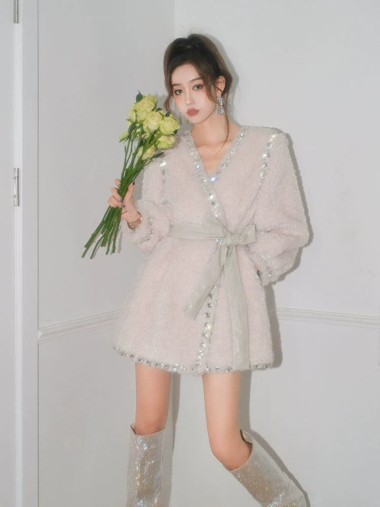 Beige V-Neck Long Sleeve Diamond Stud Coat