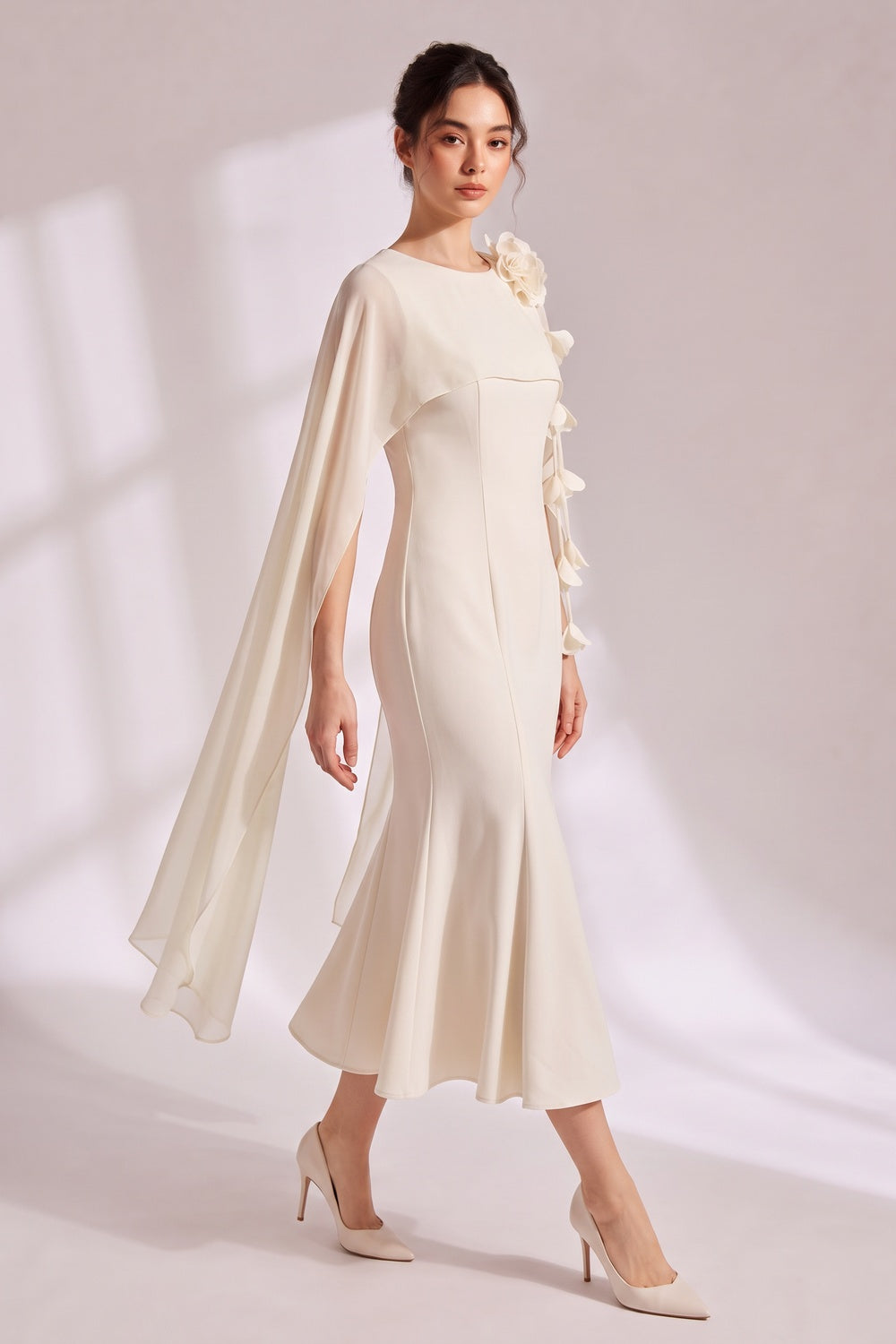 Cape Sleeve 3D Floral Chiffon Midi Mermaid Dress