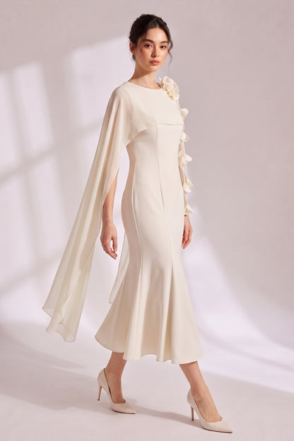 Cape Sleeve 3D Floral Chiffon Midi Mermaid Dress