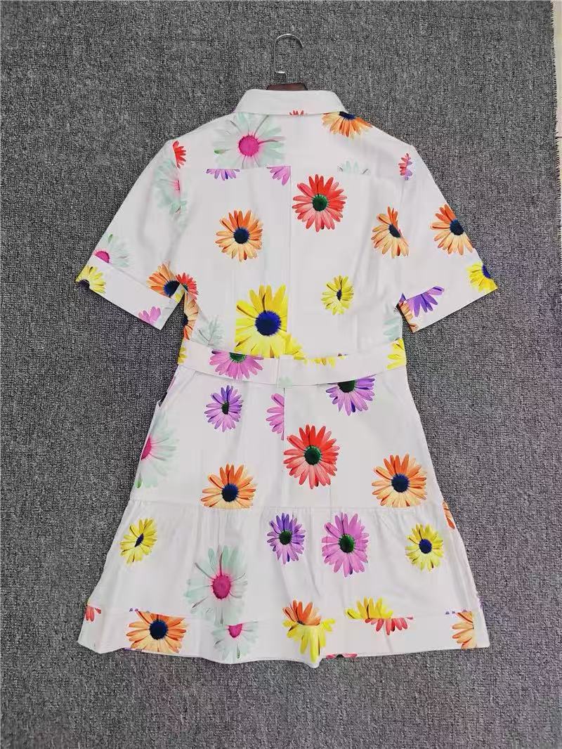White Multicolor Daisy Print Shirt Dress with Belt