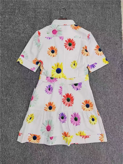 White Multicolor Daisy Print Shirt Dress with Belt