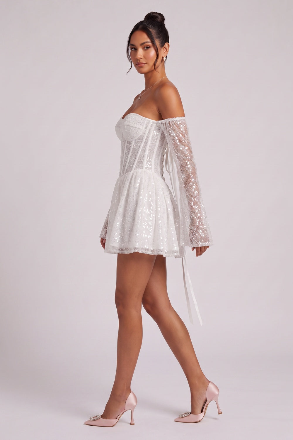 white sequined mesh tulle fit-and-flare mini dress white sequined mesh tulle mini dress - product view 2