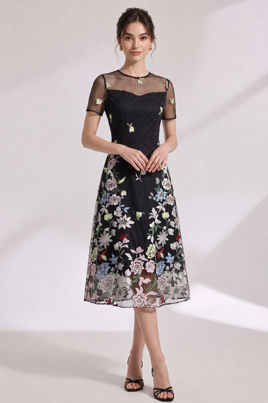 Black Floral Embroidery A-Line Midi Dress with Sheer Mesh Overlay black sheer mesh overlay dress - product view 1