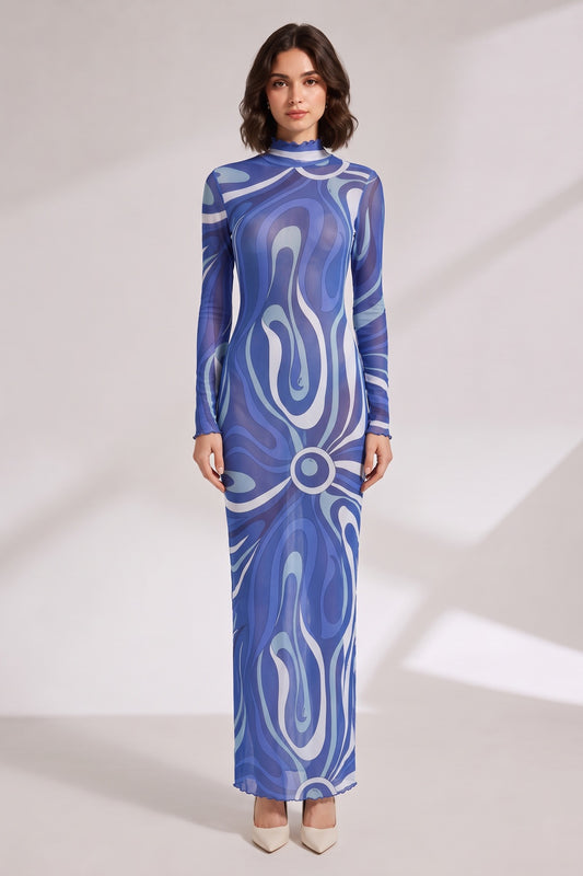 Blue Abstract Print Long Sleeve Maxi Dress Premium Fabric - product view 5