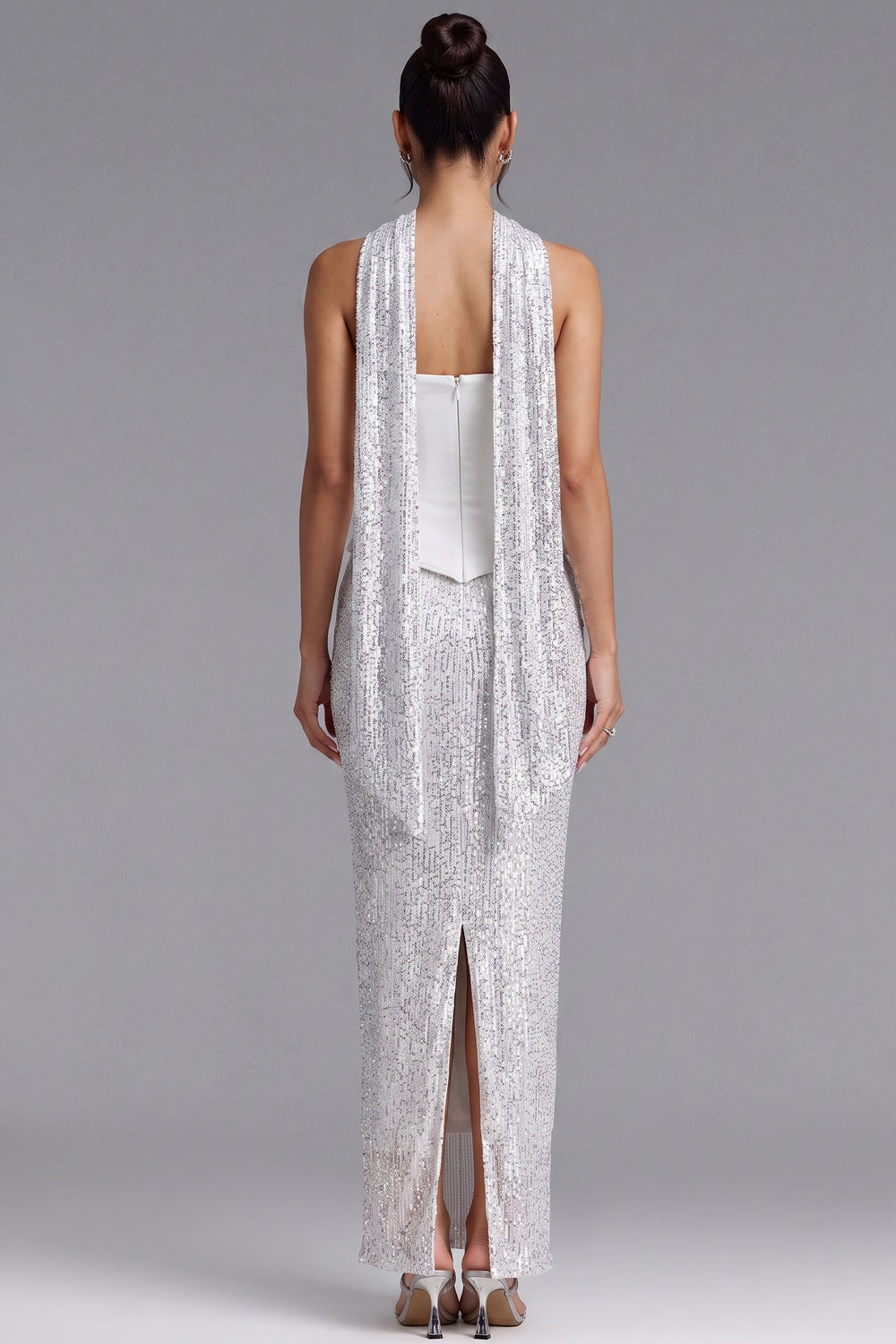White Strapless Sequin Gown with Silver Scarf Detail Premium Fabric - product view 4