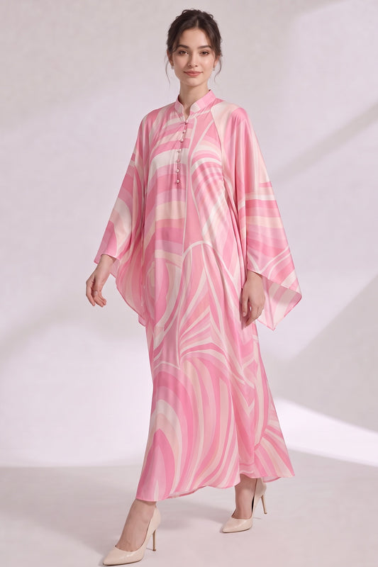 Pink Silk Satin Psychedelic Swirl Kaftan Dress pink, light pink silk satin kaftan dress - product view 2