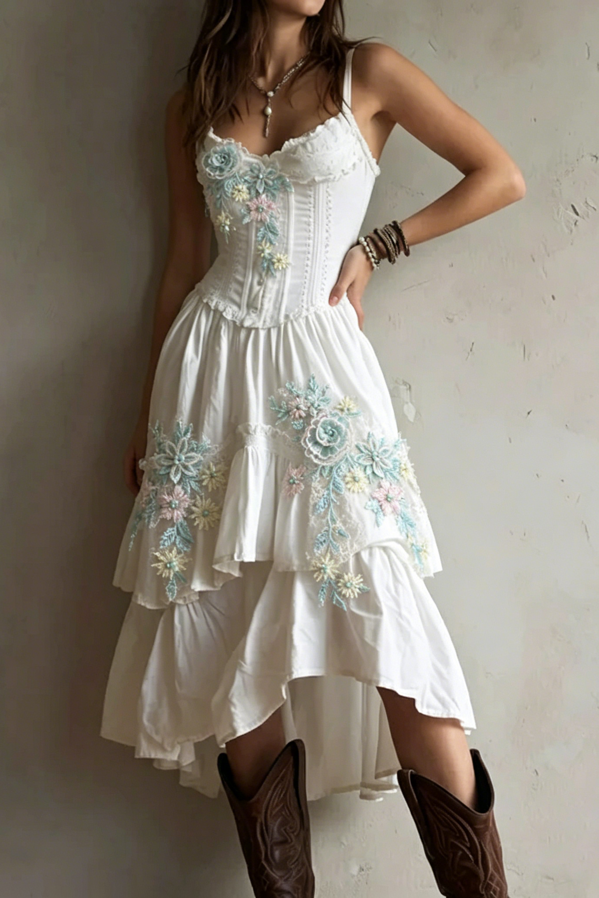 Corset-Style Embroidery Lace Trim Tiered Midi Dress