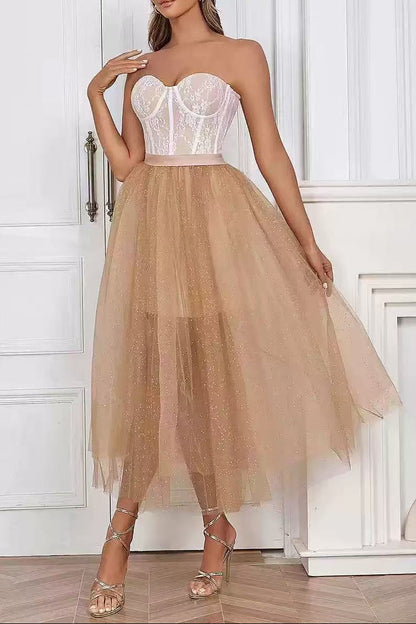 Peach Sparkle Tulle Corset Strapless Midi Dress