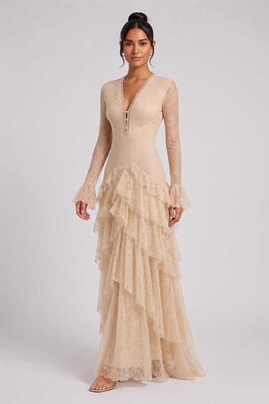 beige delicate floral lace fitted bodice with tiered flared skirt gown beige, champagne delicate floral lace gown - product view 1
