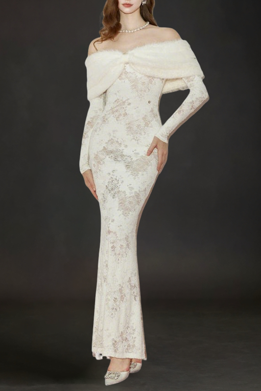 julia Off-Shoulder Fur Collar Long Sleeve lace maxi dress in white