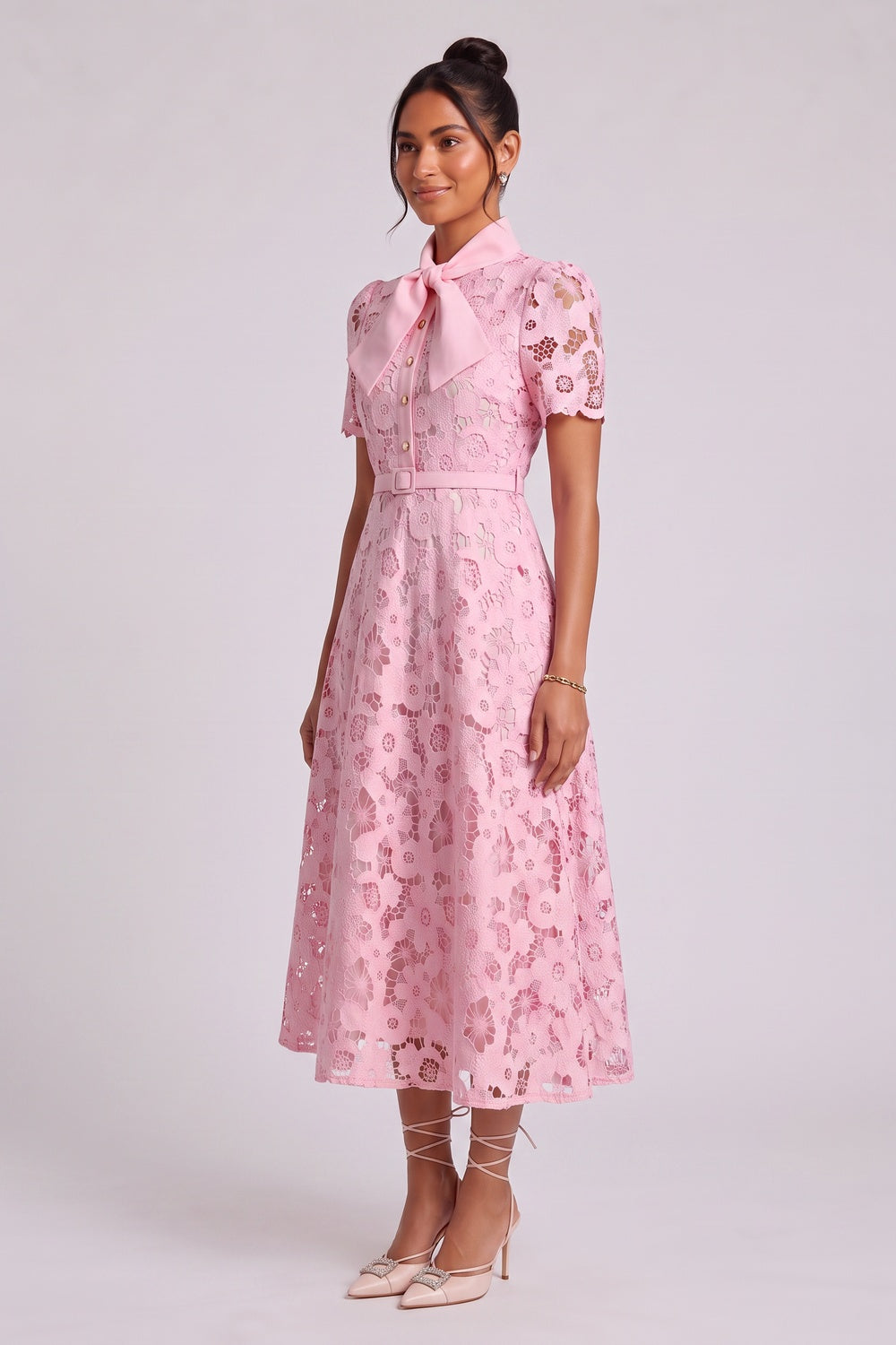 Light Pink Floral Lace A-Line Midi Dress light pink floral lace dress - product view 4