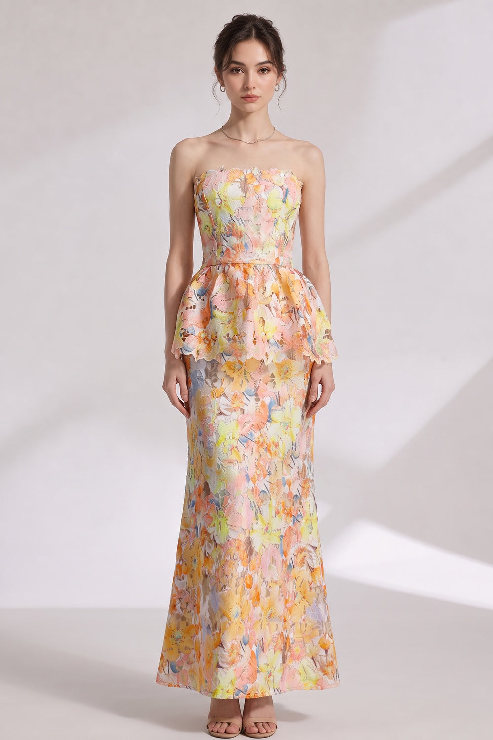 Yellow Laser-Cut Lace Column with Peplum Gown yellow, pink, orange laser-cut lace gown - product view 1