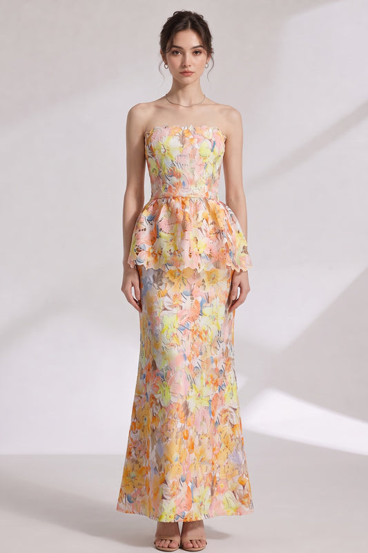 Yellow Laser-Cut Lace Column with Peplum Gown yellow, pink, orange laser-cut lace gown - product view 1