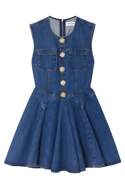 sleeveless flower button denim mini dress in blue