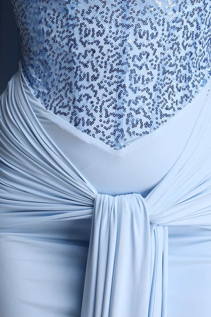 Light Blue Sequined Evening Gown with Draped Waist Premium Fabric - product view 11