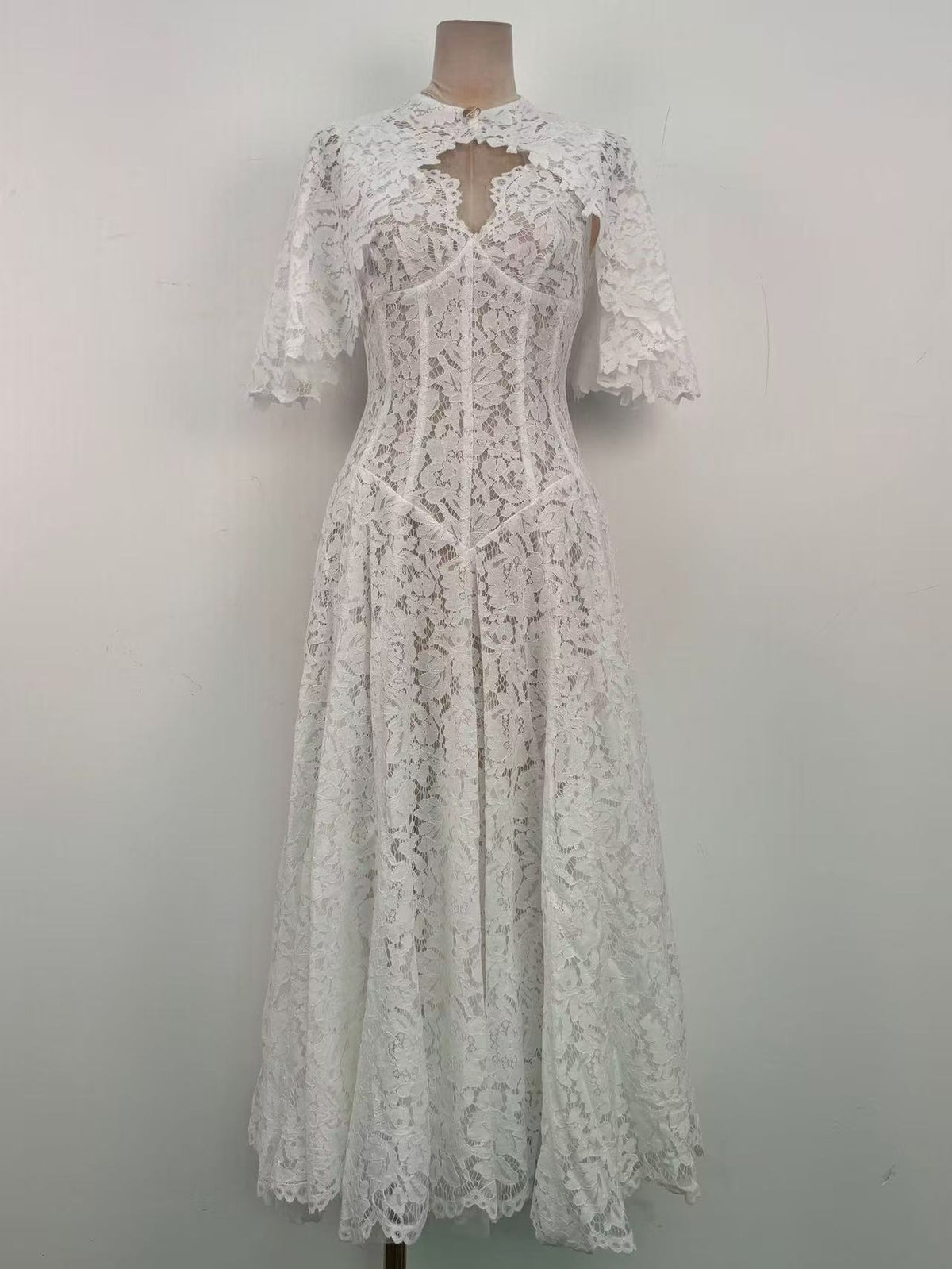 White Floral Lace A-Line Midi Dress with Keyhole Neckline