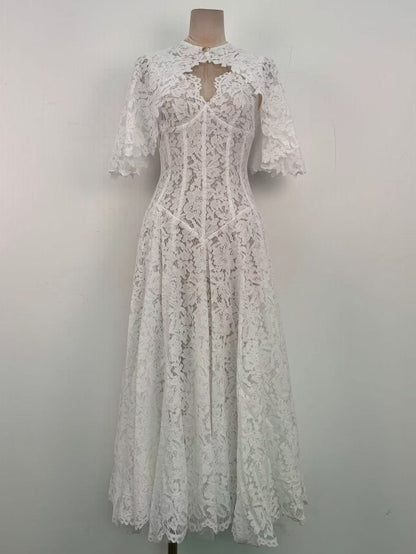 White Floral Lace A-Line Midi Dress with Keyhole Neckline