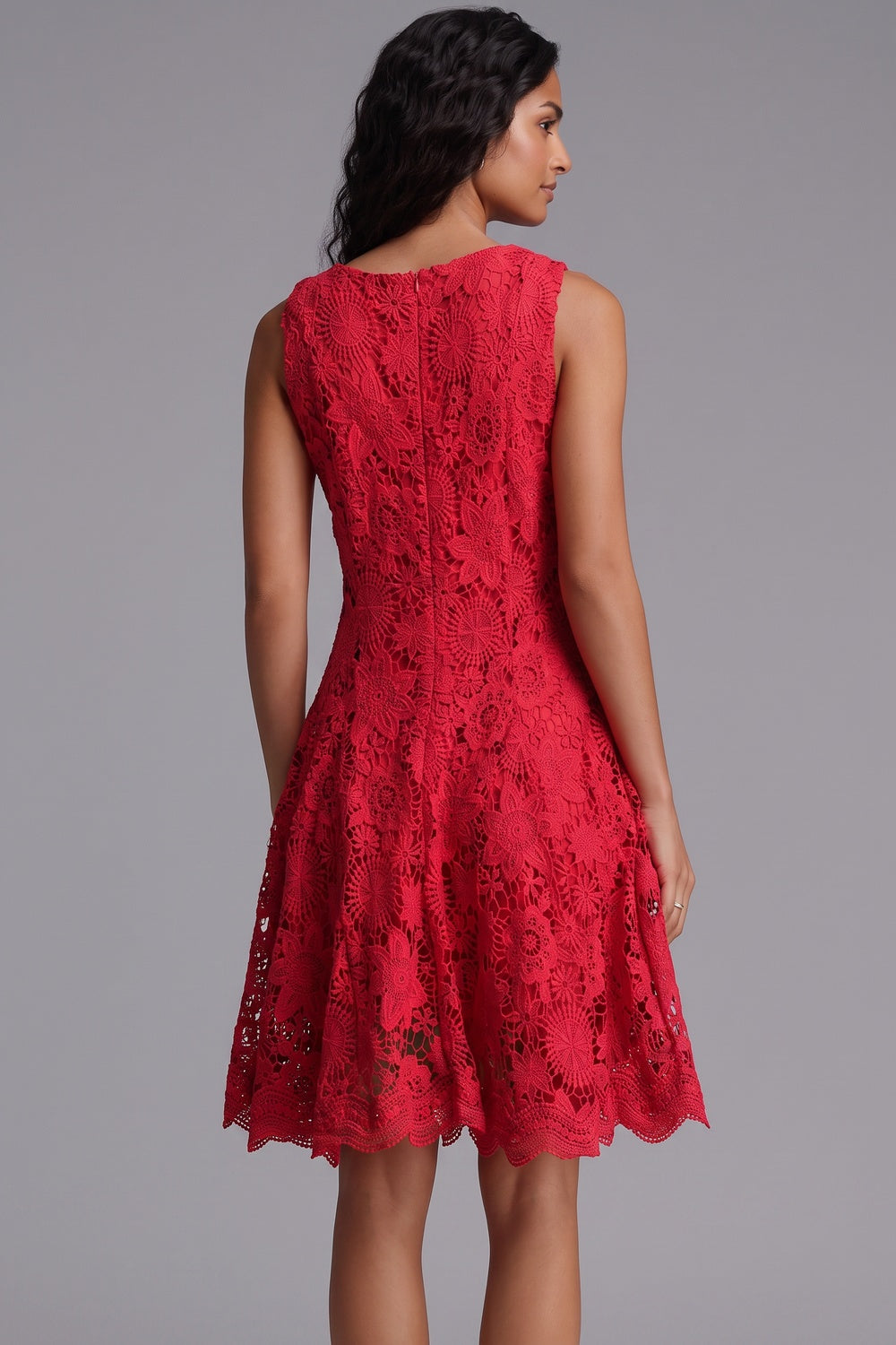 Red Guipure Lace Fit-and-Flare Dress red guipure lace dress - product view 5
