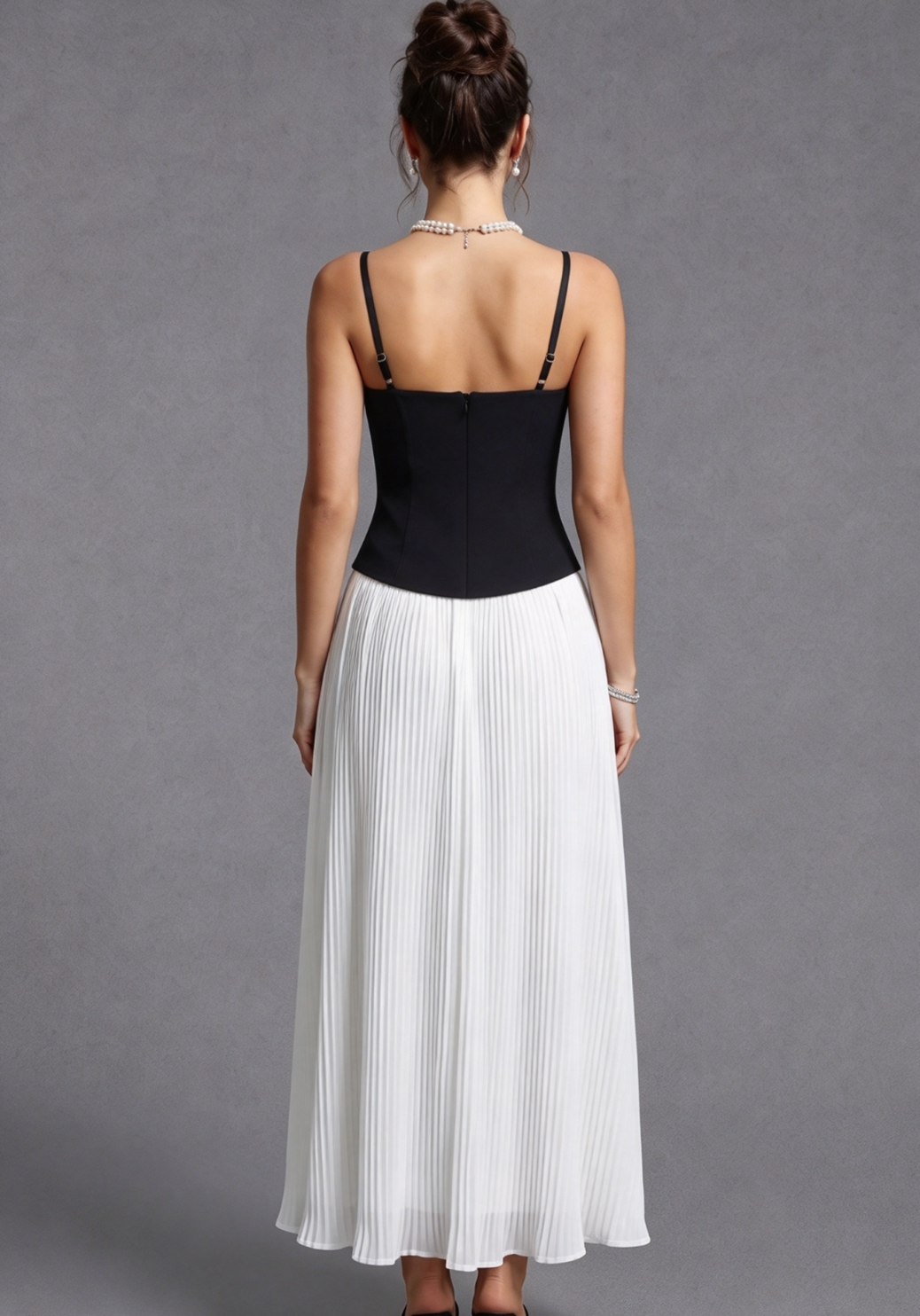 Black Embellished Corset Bodice and White Pleated Maxi Skirt Two-Piece Dress Set