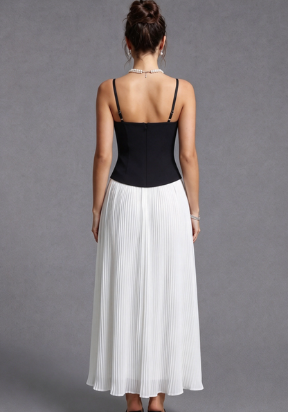 Black Embellished Corset Bodice and White Pleated Maxi Skirt Two-Piece Dress Set