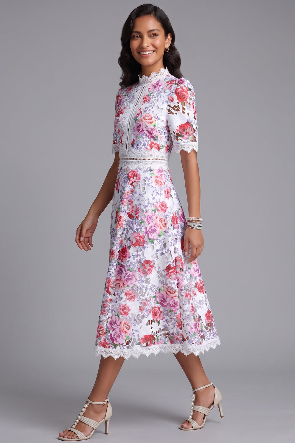 White Guipure Lace Floral Midi Dress white guipure lace dress - product view 3